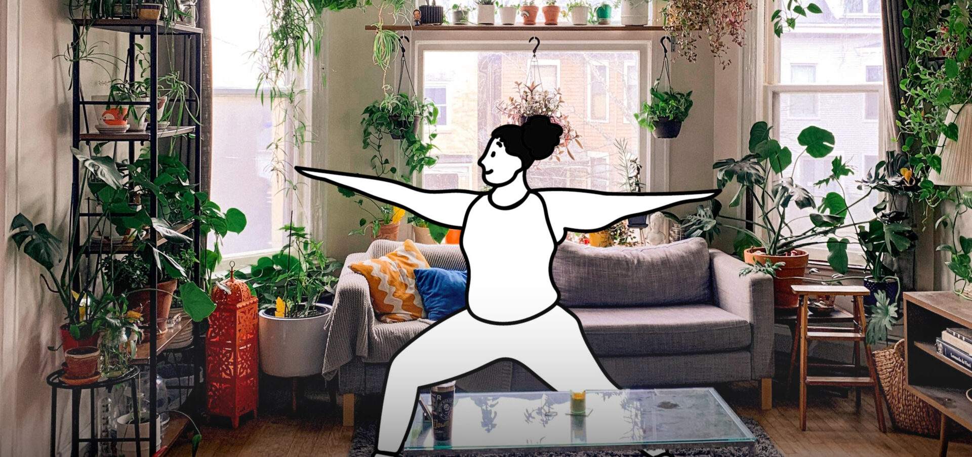 Drawing of a female doing yoga in her living room